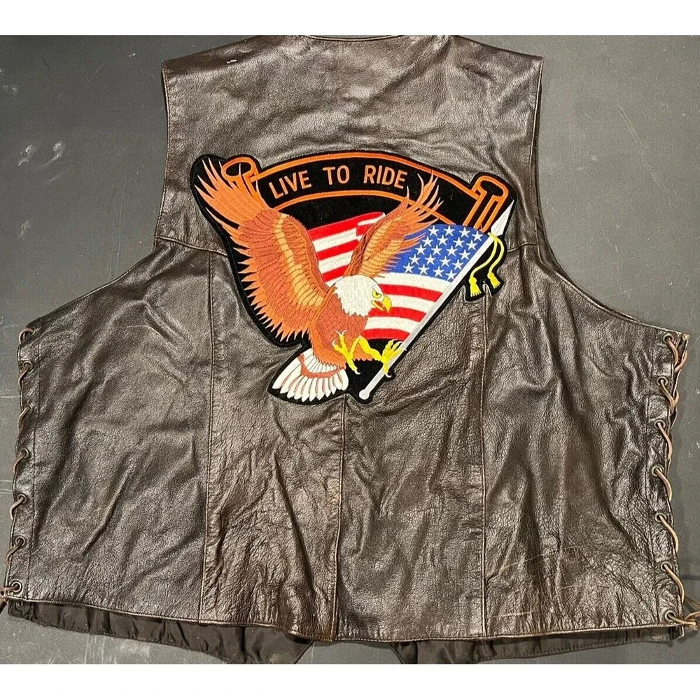 UNIK Premium Leather Brown Biker Motorcycle Vest Size 56 BORN‎ TO RIDE USA Patch